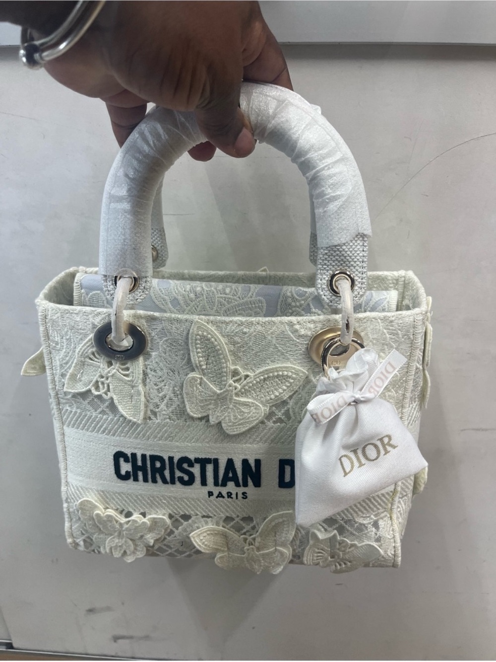 Cute fashion White Embroidered Lady Dior Mini Tote